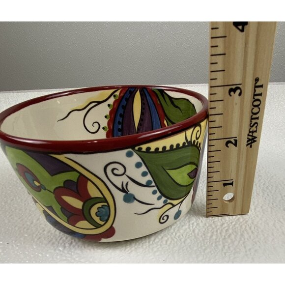 Corsica Kingston Handcrafted Red Trim Ceramic Colorful Paisley Bowl 3" X 3.75" - Picture 5 of 9